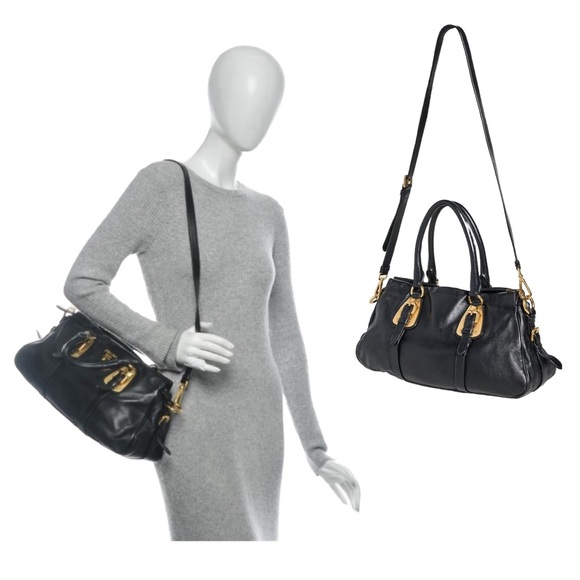 SOLD!!PRADA Black Calfskin Bauletto Handbag Medium Black with Lock, COA Dustbag - Picture 9 of 17